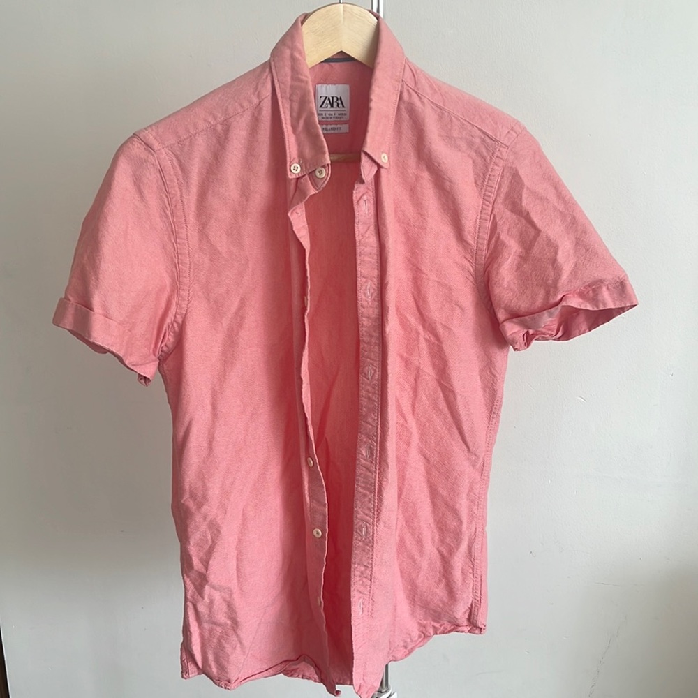 Zara men pink collared shirt sleeve button down